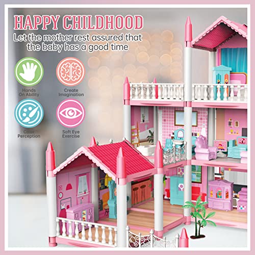 deAO Miniature My first Dolls house, Kids Pink Grand Three Story Castle Dolls House Playset With Furniture & Accessories included and with Outdoor Space Open Sided Princess Castle Playset For Girls