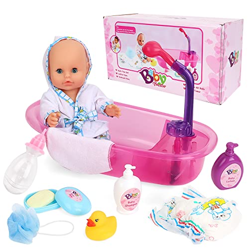 deAO Baby Doll Bath Play Set with Real Water Faucet Function and Baby Doll Accessories, Baby Doll Clothes, Dolls for 3 4 5 6 7 8 Year Olds Girls, Birthdays for Girl
