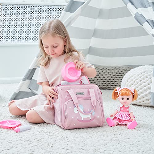 Bebamour Unicorn Baby Doll Changing Bag with Doll Changing Pad Carry Baby Doll Accessories Fashion Kids Bag for Baby Girl, Rocking Unicorn
