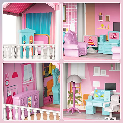 deAO Miniature My first Dolls house, Kids Pink Grand Three Story Castle Dolls House Playset With Furniture & Accessories included and with Outdoor Space Open Sided Princess Castle Playset For Girls