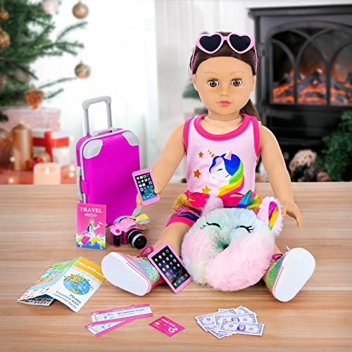 ZITA ELEMENT Doll Travel Suitcase 16 PCS=1 suitcase+ 2 Air tickets + 1 Passport and other 12 Accessories - For American 18 Inch Girl Dolls Travel Accessories
