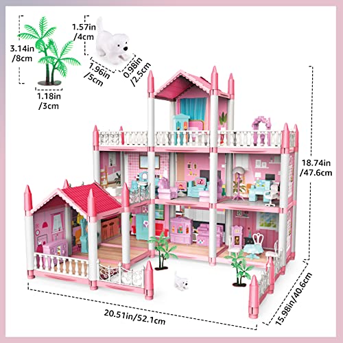 deAO Miniature My first Dolls house, Kids Pink Grand Three Story Castle Dolls House Playset With Furniture & Accessories included and with Outdoor Space Open Sided Princess Castle Playset For Girls
