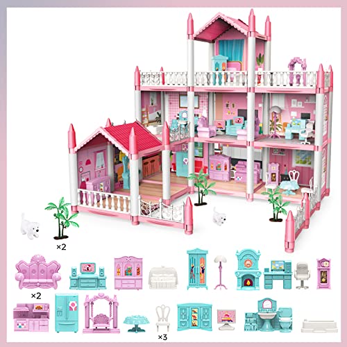 deAO Miniature My first Dolls house, Kids Pink Grand Three Story Castle Dolls House Playset With Furniture & Accessories included and with Outdoor Space Open Sided Princess Castle Playset For Girls