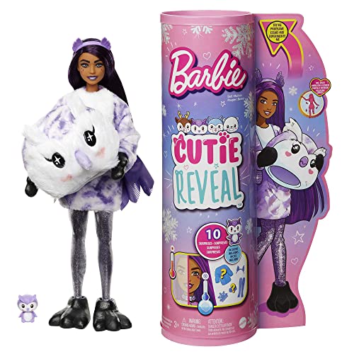 Barbie Doll, Cutie Reveal Owl Plush, Snowflake Sparkle Doll with 10 Surprises, Pet, Color Change and Accessories, Toys and Gifts for Kids​​​
