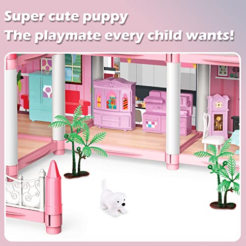 deAO Miniature My first Dolls house, Kids Pink Grand Three Story Castle Dolls House Playset With Furniture & Accessories included and with Outdoor Space Open Sided Princess Castle Playset For Girls