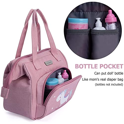 Bebamour Unicorn Baby Doll Changing Bag with Doll Changing Pad Carry Baby Doll Accessories Fashion Kids Bag for Baby Girl, Rocking Unicorn
