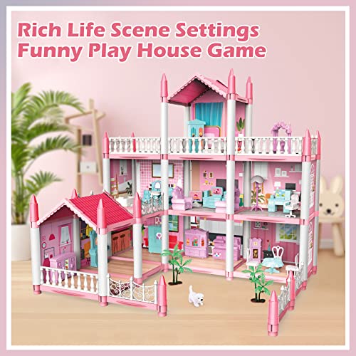 deAO Miniature My first Dolls house, Kids Pink Grand Three Story Castle Dolls House Playset With Furniture & Accessories included and with Outdoor Space Open Sided Princess Castle Playset For Girls