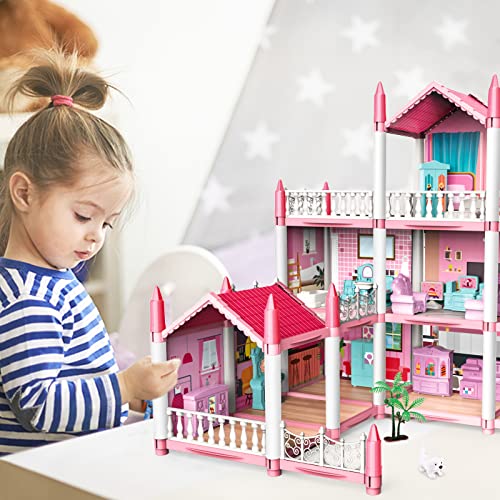 deAO Miniature My first Dolls house, Kids Pink Grand Three Story Castle Dolls House Playset With Furniture & Accessories included and with Outdoor Space Open Sided Princess Castle Playset For Girls