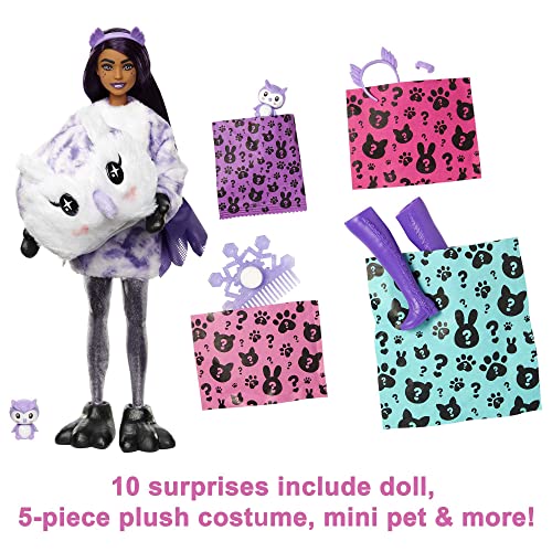 Barbie Doll, Cutie Reveal Owl Plush, Snowflake Sparkle Doll with 10 Surprises, Pet, Color Change and Accessories, Toys and Gifts for Kids​​​