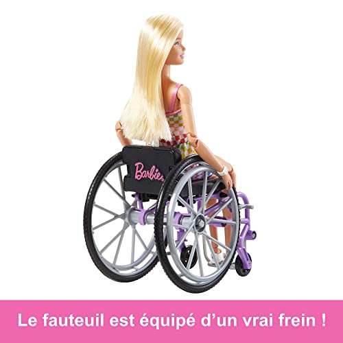 Barbie Doll with Wheelchair and Ramp, Kids Toys and Gifts, Blonde, Barbie Fashionistas, Rainbow Romper, Clothes and Accessories, HJT13
