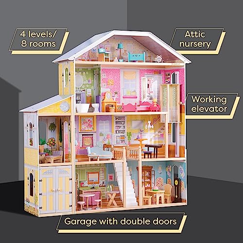 KidKraft Majestic Mansion Wooden Dolls House With Furniture And Accessories Included, 4 Storey Play Set with Garage and Lift for 30 cm/12 Inch Dolls, Kids' Toys, 65252 - Amazon Exclusive