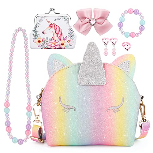 JYPS Unicorn Purse for Little Girls, 7Pcs Cute Kids Purse Crossbody Bags with Kids Dress Up Jewelry Set Pretend Play Accessories, Birthday Presents Unicorn Gifts Toy for Girl, Toddler