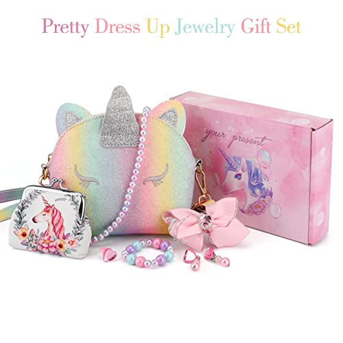 JYPS Unicorn Purse for Little Girls, 7Pcs Cute Kids Purse Crossbody Bags with Kids Dress Up Jewelry Set Pretend Play Accessories, Birthday Presents Unicorn Gifts Toy for Girl, Toddler