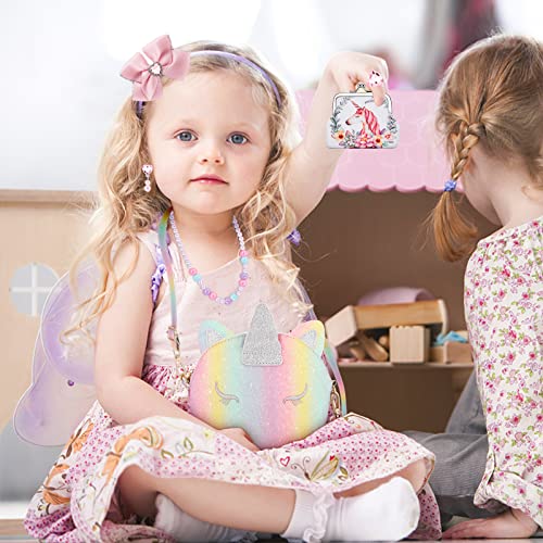JYPS Unicorn Purse for Little Girls, 7Pcs Cute Kids Purse Crossbody Bags with Kids Dress Up Jewelry Set Pretend Play Accessories, Birthday Presents Unicorn Gifts Toy for Girl, Toddler