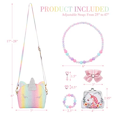JYPS Unicorn Purse for Little Girls, 7Pcs Cute Kids Purse Crossbody Bags with Kids Dress Up Jewelry Set Pretend Play Accessories, Birthday Presents Unicorn Gifts Toy for Girl, Toddler