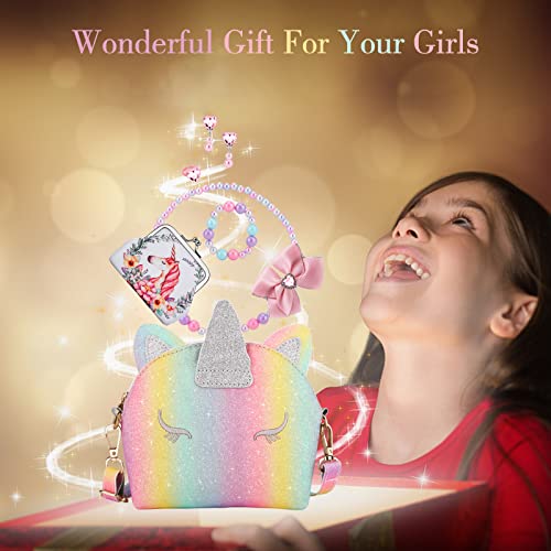 JYPS Unicorn Purse for Little Girls, 7Pcs Cute Kids Purse Crossbody Bags with Kids Dress Up Jewelry Set Pretend Play Accessories, Birthday Presents Unicorn Gifts Toy for Girl, Toddler