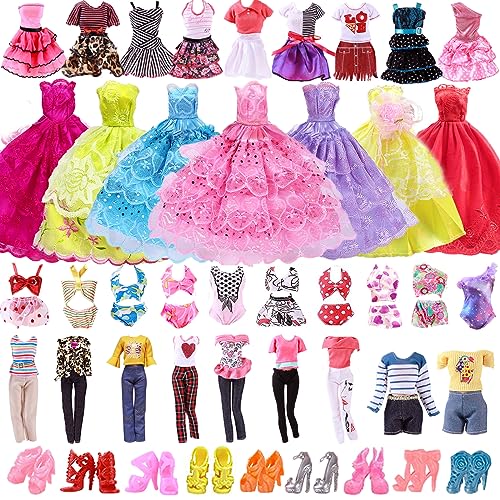 25Pcs Doll Clothes Outfit for Barbie Dolls, 10 Shoes 3 Dress 3 Clothes 2 Bikini Set 2 Formal Dress for Girls Birthday Doll Accessories, Dresses Full Set of Fashion Outfits for 11.5" Doll, in Random