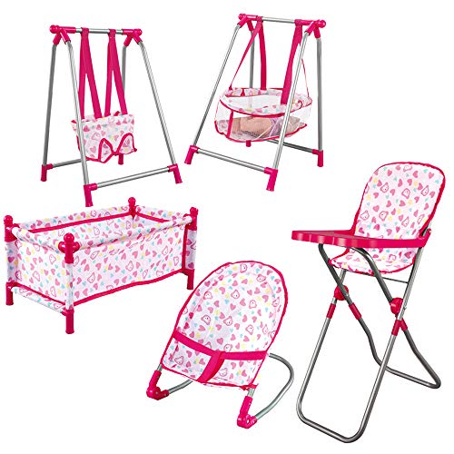 deAO Kids Deluxe 5 -in-1 Baby Doll Pretend Play Set with Cot Bed, Bouncer, Adjustable Swing Seat and High Chair Accessories Included (Doll Not Included)