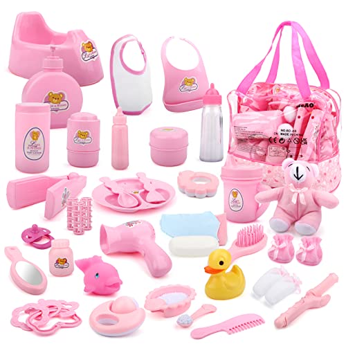 deAO Baby Doll Accessories Set 40PCS Pretend Play Role Play Games Set with Baby Feeding Accessories, Bag, Doll Bear, Bath, Soother Dummy, and Much More-Nurturing Pretend Toy for Kids