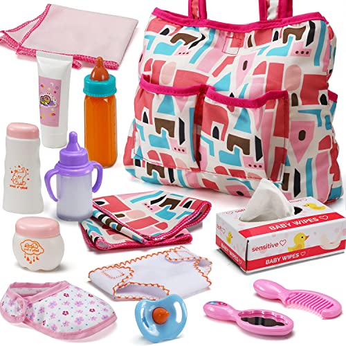 13 Pack Baby Doll Accessories, Baby Doll Feeding and Caring Set Includes Diaper Bag, Doll Diapers, Magic Bottle, Changing Mat for Girl Toddler Kid, Babies Pretend Play Set for Birthday Gift Christmas