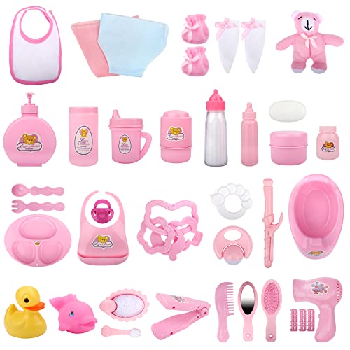deAO Baby Doll Accessories Set 40PCS Pretend Play Role Play Games Set with Baby Feeding Accessories, Bag, Doll Bear, Bath, Soother Dummy, and Much More-Nurturing Pretend Toy for Kids