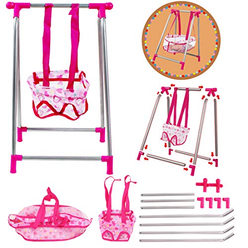 deAO Kids Deluxe 5 -in-1 Baby Doll Pretend Play Set with Cot Bed, Bouncer, Adjustable Swing Seat and High Chair Accessories Included (Doll Not Included)