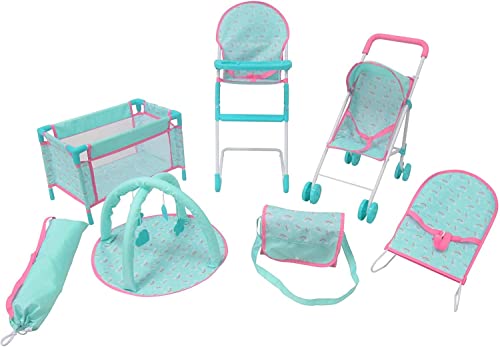 KOOKAMUNGA KIDS 6 Pc Baby Doll Stroller Set - Baby Doll Accessories - Baby Doll Playset w/Doll Crib Stroller High Chair & Feeding Tray - Playpen - Bouncer - Diaper Bag - Activity Mat - Ages 3+ (Blue)