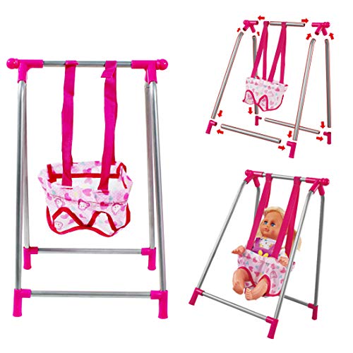 deAO Kids Deluxe 5 -in-1 Baby Doll Pretend Play Set with Cot Bed, Bouncer, Adjustable Swing Seat and High Chair Accessories Included (Doll Not Included)