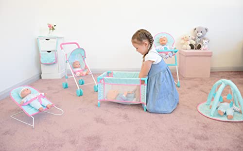KOOKAMUNGA KIDS 6 Pc Baby Doll Stroller Set - Baby Doll Accessories - Baby Doll Playset w/Doll Crib Stroller High Chair & Feeding Tray - Playpen - Bouncer - Diaper Bag - Activity Mat - Ages 3+ (Blue)