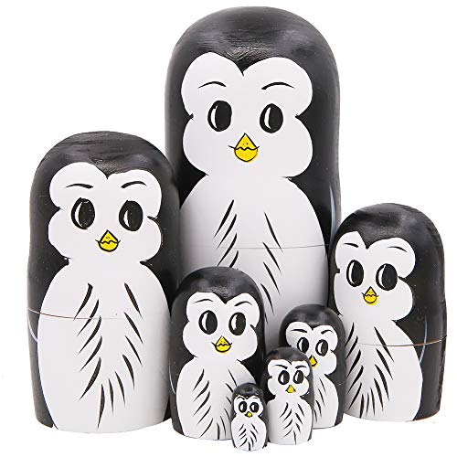 Set 7 Pieces Penguin Wooden Handmade Nesting Dolls Matryoshka Russian Doll For Kids Toy Birthday Christmas New Year Gift Home Decoration