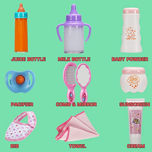 13 Pack Baby Doll Accessories, Baby Doll Feeding and Caring Set Includes Diaper Bag, Doll Diapers, Magic Bottle, Changing Mat for Girl Toddler Kid, Babies Pretend Play Set for Birthday Gift Christmas