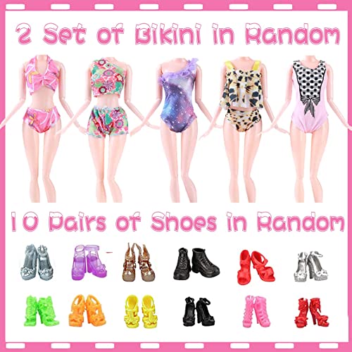 25Pcs Doll Clothes Outfit for Barbie Dolls, 10 Shoes 3 Dress 3 Clothes 2 Bikini Set 2 Formal Dress for Girls Birthday Doll Accessories, Dresses Full Set of Fashion Outfits for 11.5" Doll, in Random