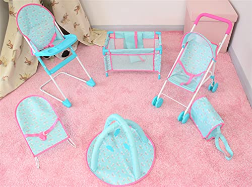 KOOKAMUNGA KIDS 6 Pc Baby Doll Stroller Set - Baby Doll Accessories - Baby Doll Playset w/Doll Crib Stroller High Chair & Feeding Tray - Playpen - Bouncer - Diaper Bag - Activity Mat - Ages 3+ (Blue)