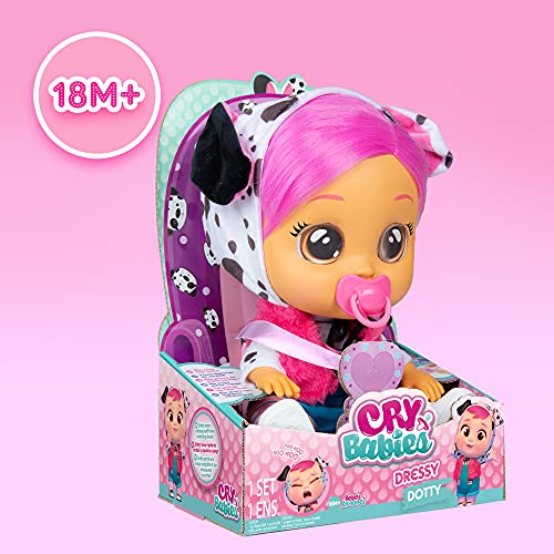 CRY BABIES Dressy Dotty Dalmatian | Interactive baby doll that cries Real tears, with coloured hair and changeable Outfits to Dress up - Toy & function doll for kids +2 Years