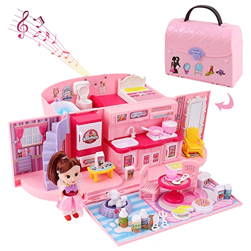 deAO Children’s 2-In-1 Pink Portable Doll House Play Set with Light and Music Functions, Accessories, Carry Case – Great Gift for Kids