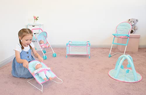 KOOKAMUNGA KIDS 6 Pc Baby Doll Stroller Set - Baby Doll Accessories - Baby Doll Playset w/Doll Crib Stroller High Chair & Feeding Tray - Playpen - Bouncer - Diaper Bag - Activity Mat - Ages 3+ (Blue)