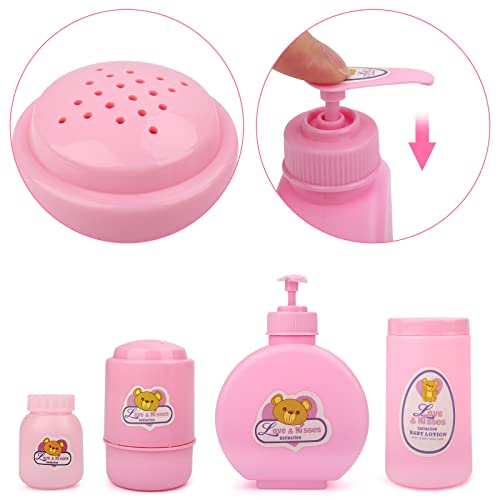 deAO Baby Doll Accessories Set 40PCS Pretend Play Role Play Games Set with Baby Feeding Accessories, Bag, Doll Bear, Bath, Soother Dummy, and Much More-Nurturing Pretend Toy for Kids
