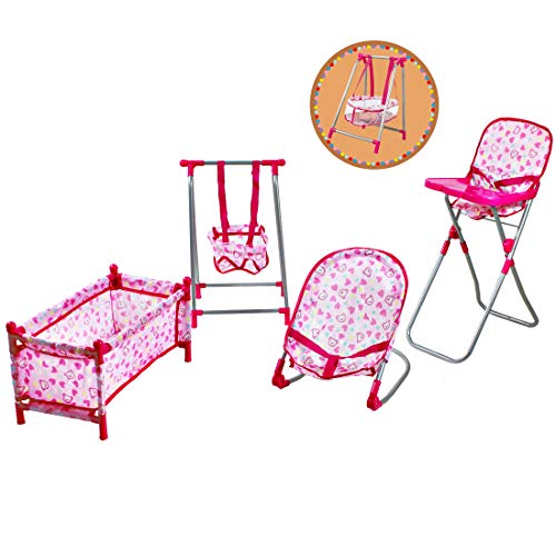 deAO Kids Deluxe 5 -in-1 Baby Doll Pretend Play Set with Cot Bed, Bouncer, Adjustable Swing Seat and High Chair Accessories Included (Doll Not Included)