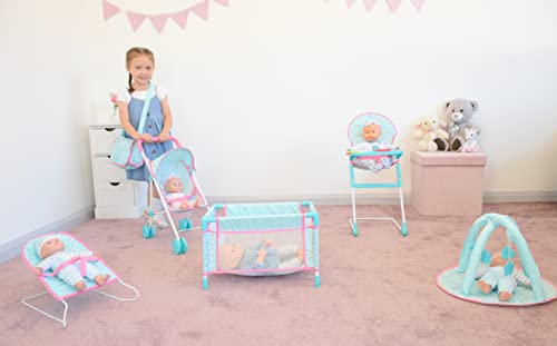 KOOKAMUNGA KIDS 6 Pc Baby Doll Stroller Set - Baby Doll Accessories - Baby Doll Playset w/Doll Crib Stroller High Chair & Feeding Tray - Playpen - Bouncer - Diaper Bag - Activity Mat - Ages 3+ (Blue)