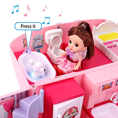 deAO Children’s 2-In-1 Pink Portable Doll House Play Set with Light and Music Functions, Accessories, Carry Case – Great Gift for Kids