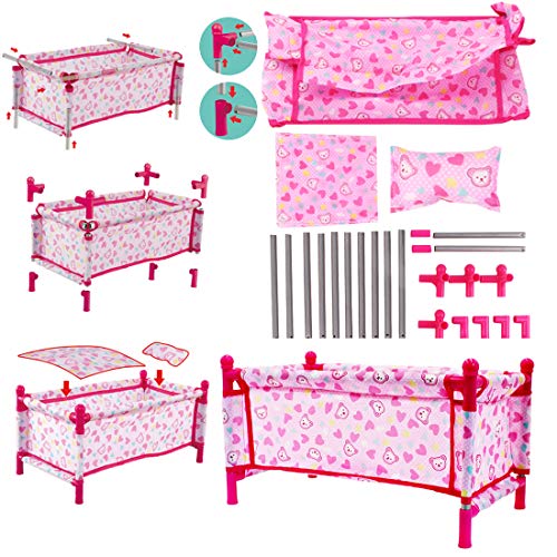 deAO Kids Deluxe 5 -in-1 Baby Doll Pretend Play Set with Cot Bed, Bouncer, Adjustable Swing Seat and High Chair Accessories Included (Doll Not Included)