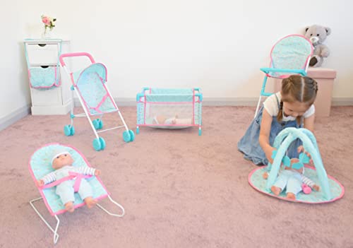 KOOKAMUNGA KIDS 6 Pc Baby Doll Stroller Set - Baby Doll Accessories - Baby Doll Playset w/Doll Crib Stroller High Chair & Feeding Tray - Playpen - Bouncer - Diaper Bag - Activity Mat - Ages 3+ (Blue)