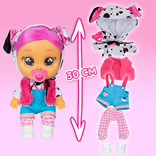 CRY BABIES Dressy Dotty Dalmatian | Interactive baby doll that cries Real tears, with coloured hair and changeable Outfits to Dress up - Toy & function doll for kids +2 Years