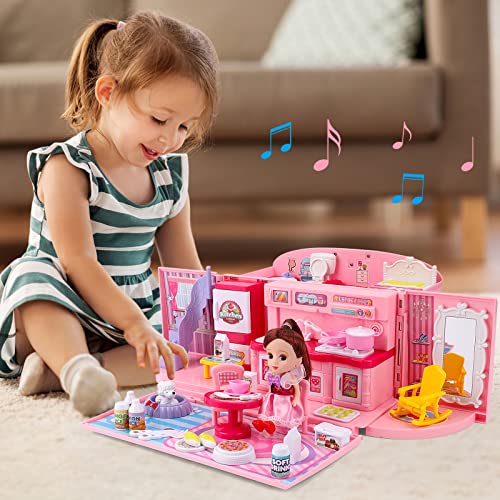 deAO Children’s 2-In-1 Pink Portable Doll House Play Set with Light and Music Functions, Accessories, Carry Case – Great Gift for Kids