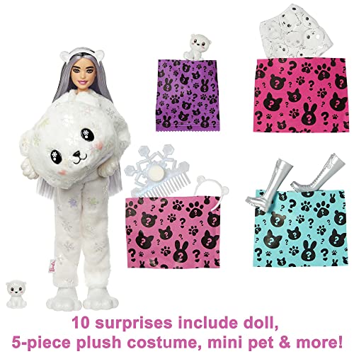 Barbie Doll, Cutie Reveal Polar Bear, Snowflake Sparkle Doll with 10 Surprises, Pet, Color Change and Accessories, Toys and Gifts for Kids​​