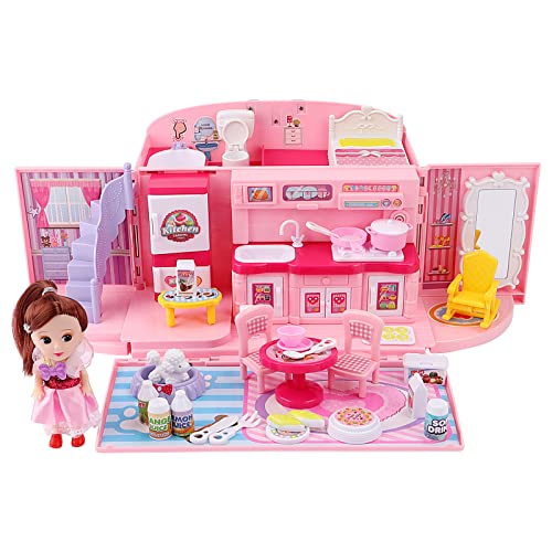 deAO Children’s 2-In-1 Pink Portable Doll House Play Set with Light and Music Functions, Accessories, Carry Case – Great Gift for Kids