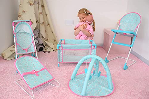 KOOKAMUNGA KIDS 6 Pc Baby Doll Stroller Set - Baby Doll Accessories - Baby Doll Playset w/Doll Crib Stroller High Chair & Feeding Tray - Playpen - Bouncer - Diaper Bag - Activity Mat - Ages 3+ (Blue)