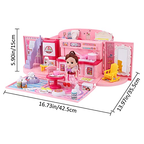 deAO Children’s 2-In-1 Pink Portable Doll House Play Set with Light and Music Functions, Accessories, Carry Case – Great Gift for Kids
