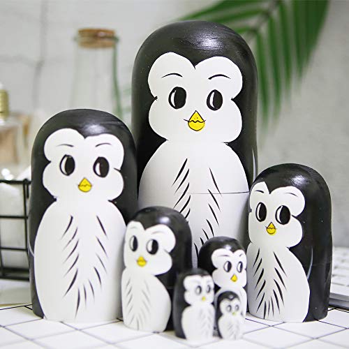 Set 7 Pieces Penguin Wooden Handmade Nesting Dolls Matryoshka Russian Doll For Kids Toy Birthday Christmas New Year Gift Home Decoration