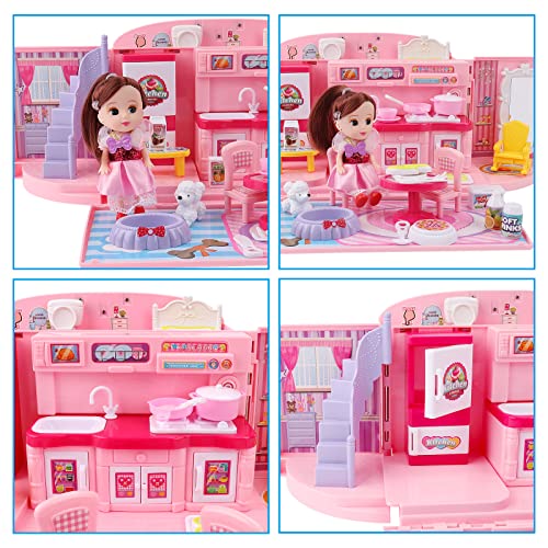deAO Children’s 2-In-1 Pink Portable Doll House Play Set with Light and Music Functions, Accessories, Carry Case – Great Gift for Kids